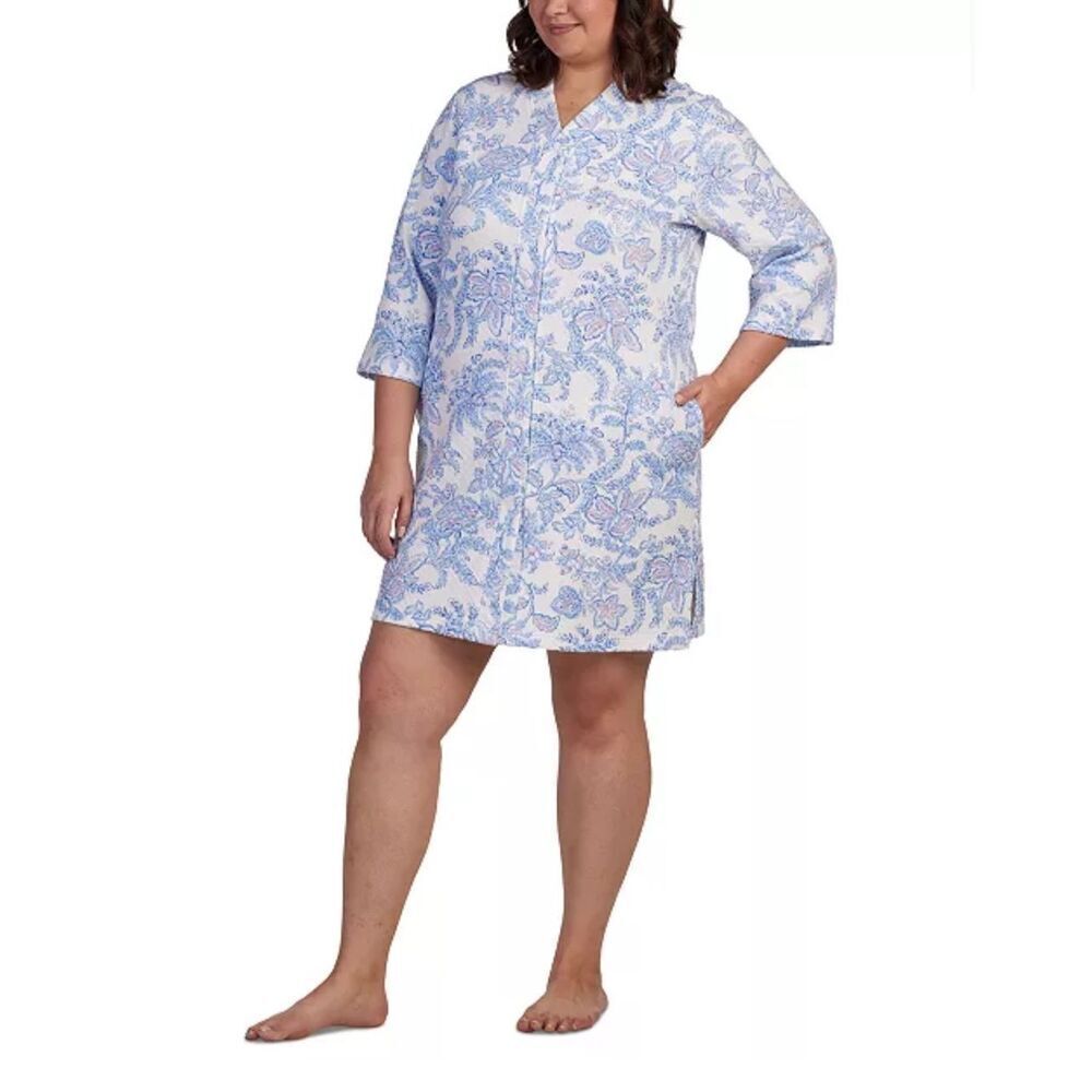 Miss Elaine NWT Quilted Floral Snap Front Robe Blue Floral 2X